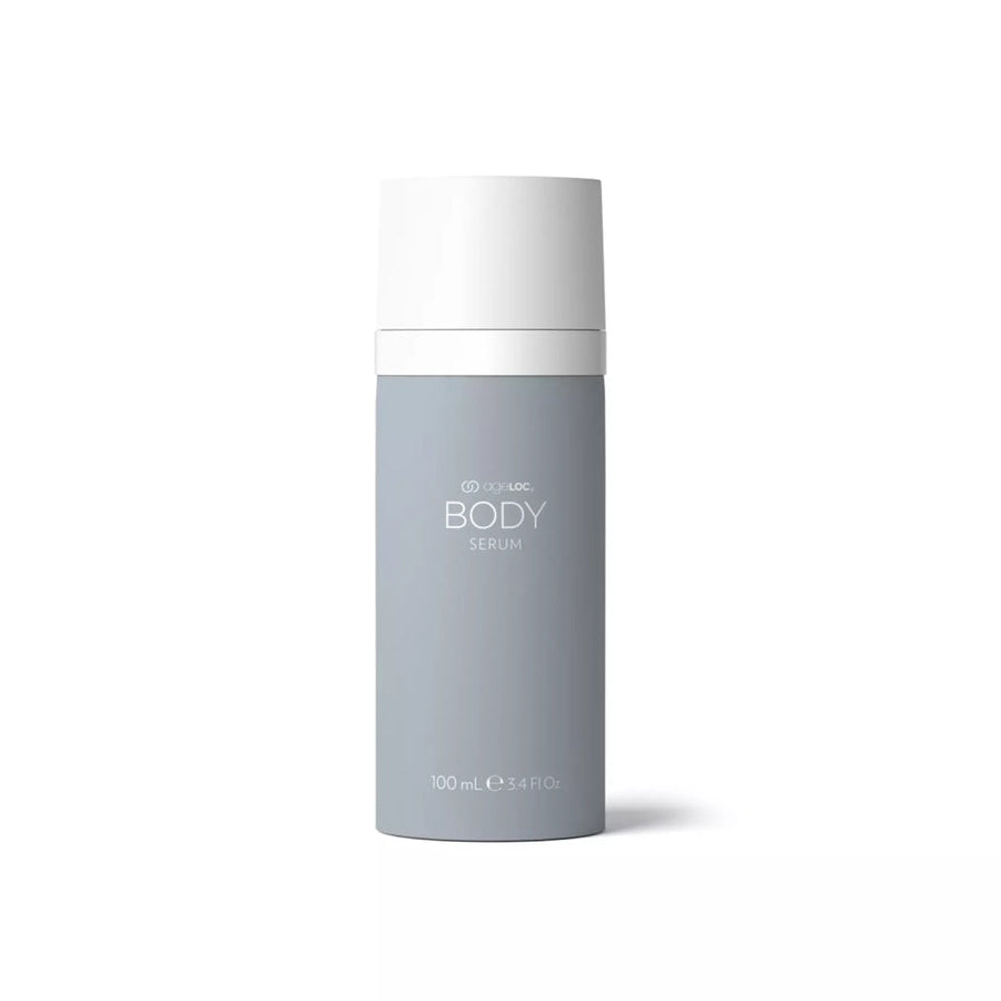 A bottle of ageLOC Body Serum placed on a white backdrop.